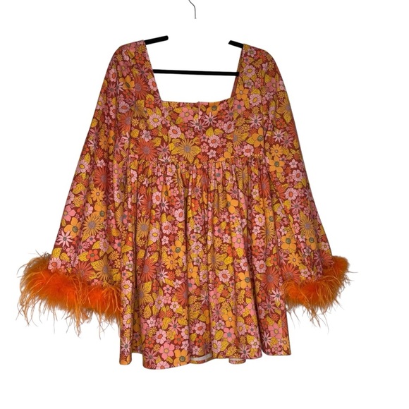 Floral Mini Dress with Orange Feather Cuffs - Picture 3 of 4